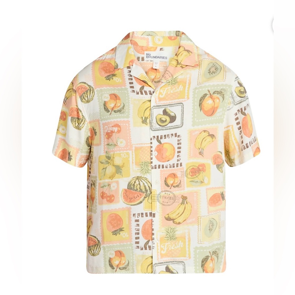 NWT No Boundaries XL Fruit Stamp ButtonUp Shirt EcoVero Rayon‎ Tropical Collar